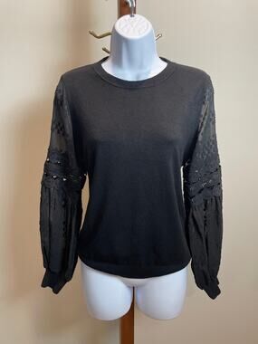 Siani Milano Size M Black Knit Sweater with Chiffon Sleeves & Lace Detail